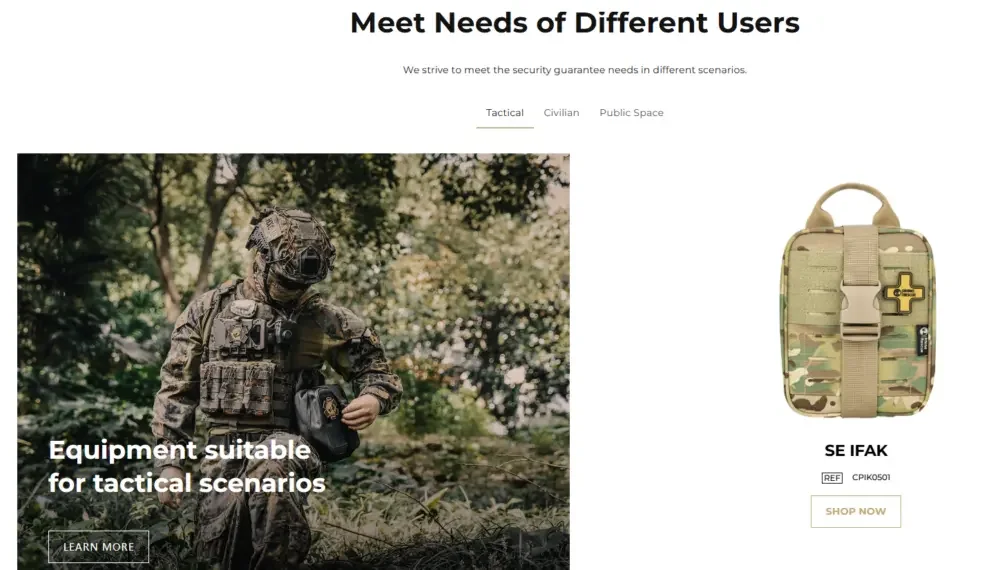 Shopify战术急救包品牌官网设计与用户体验优化-模块化内容设计，满足不同用户需求-“满足不同用户需求”板块