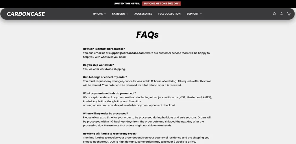 Shopify碳纤维手机壳品牌独立站网站设计案例-FAQ 常见问题区域-作为转化工具，而不是信息堆积区域