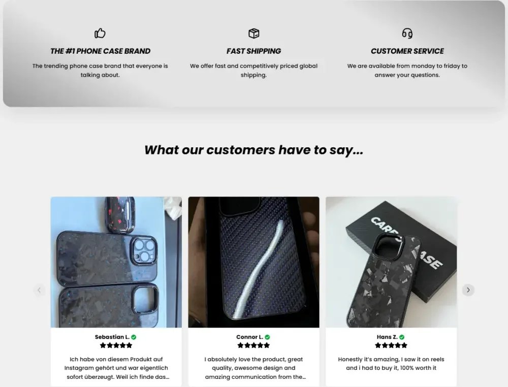 Shopify碳纤维手机壳品牌独立站网站设计案例-通过页面布局建立用户信任-社会证明与品牌可信度设计