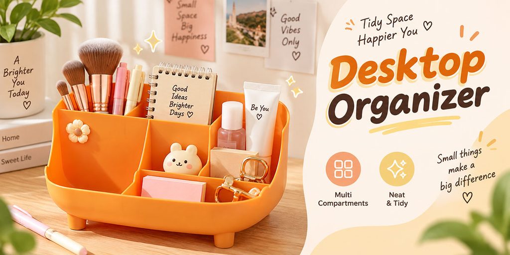 Shopee家居万圣节产品海报设计-桌面收纳盒：用明亮色彩吸引年轻消费人群