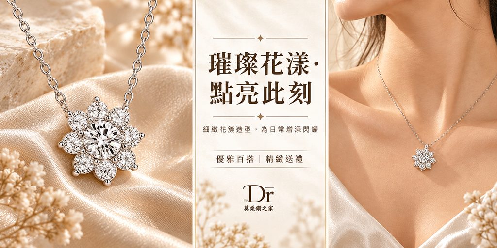 Shopee饰品店海报设计解析-花簇项链:通过三栏布局突出珠宝细节