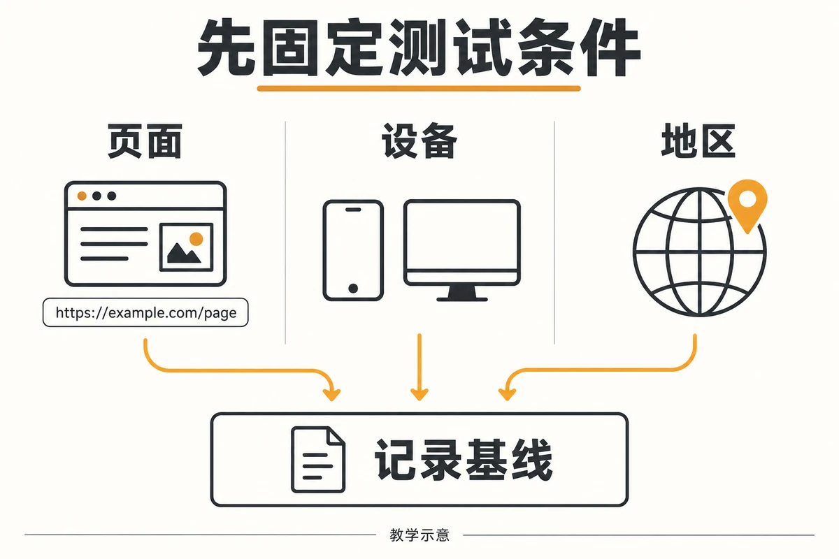 固定页面、设备和地区后记录网站速度测试基线的流程示意