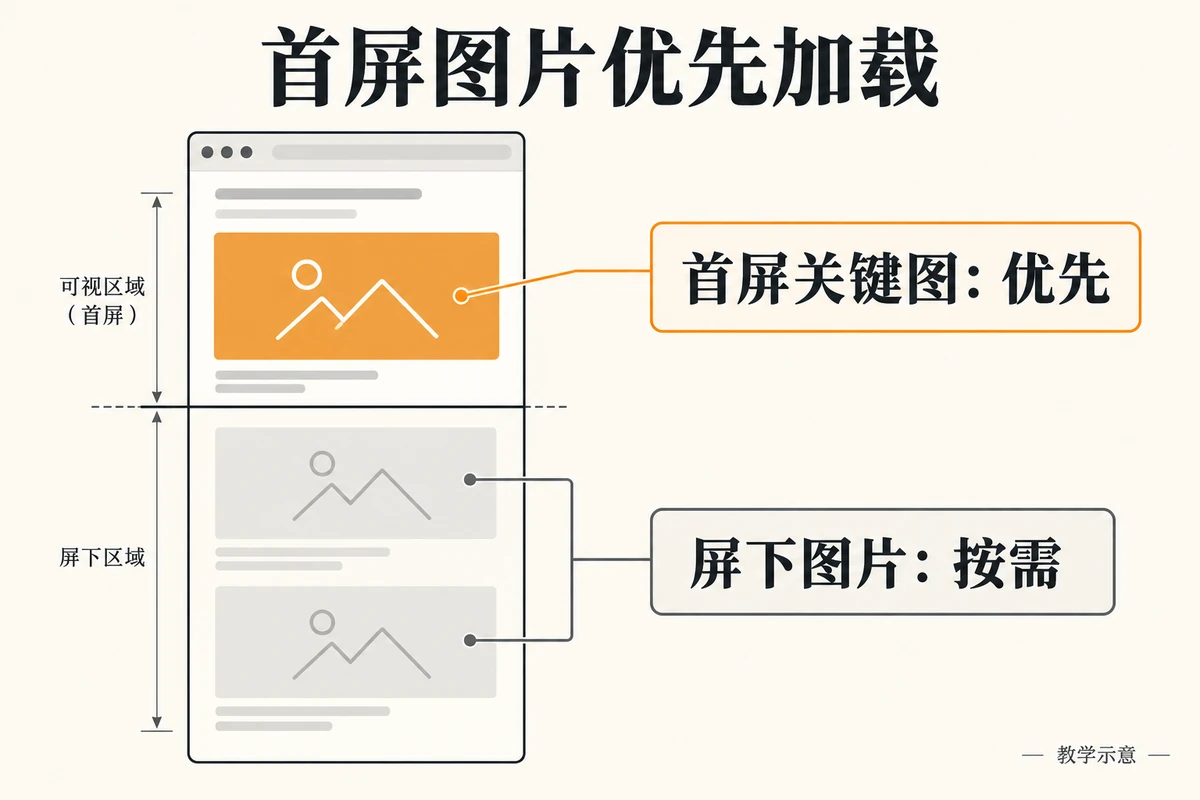 首屏关键图片优先加载，屏下图片按需加载的网页区域示意
