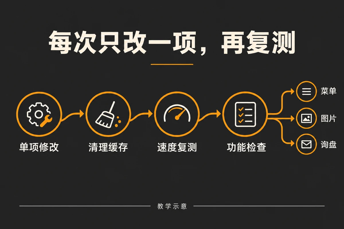单项修改、清理缓存、速度复测和菜单图片询盘功能检查的流程
