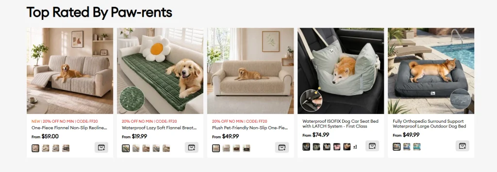 Shopify宠物用品品牌独立站网站设计案例-产品推荐模块：提升用户互动与浏览深度