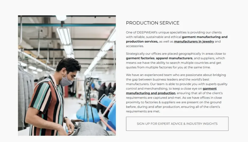 Shopify服装制造行业B2B网站设计案例-Services 服务页面:清晰呈现业务结构
