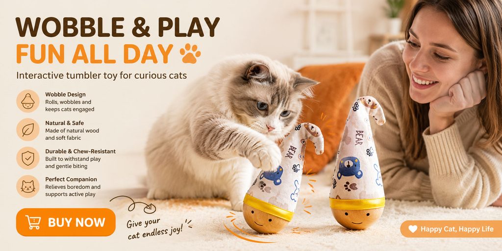 Shopee宠物用品店铺海报设计-不倒翁猫玩具：通过动态构图表达趣味性