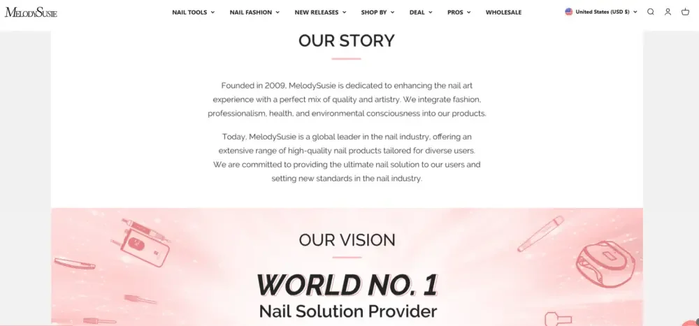 Shopify美容护理品牌独立站视觉设计案例-辅助页面设计-关于我们与品牌故事页面