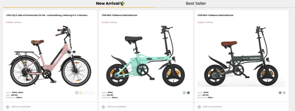 Shopify电助力自行车品牌网站设计案例-首页设计：构建第一印象-产品重点展示模块：降低选择难度