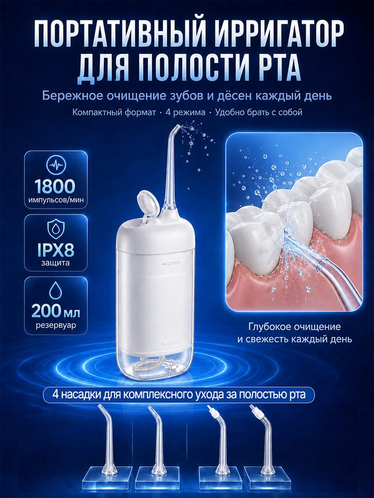 便携冲牙器俄文商品图：白色冲牙器居中，左侧列出1800、IPX8和200ml，右侧用牙齿示意说明用途，底部并列四款喷嘴。