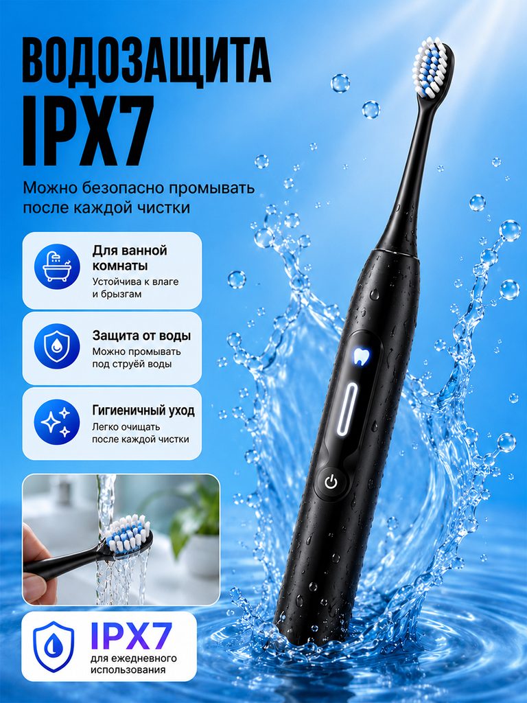 黑色显示屏电动牙刷俄文商品图：IPX7以大字呈现，机身倾斜穿过水花，下方小图补充刷头冲洗动作与对应说明。
