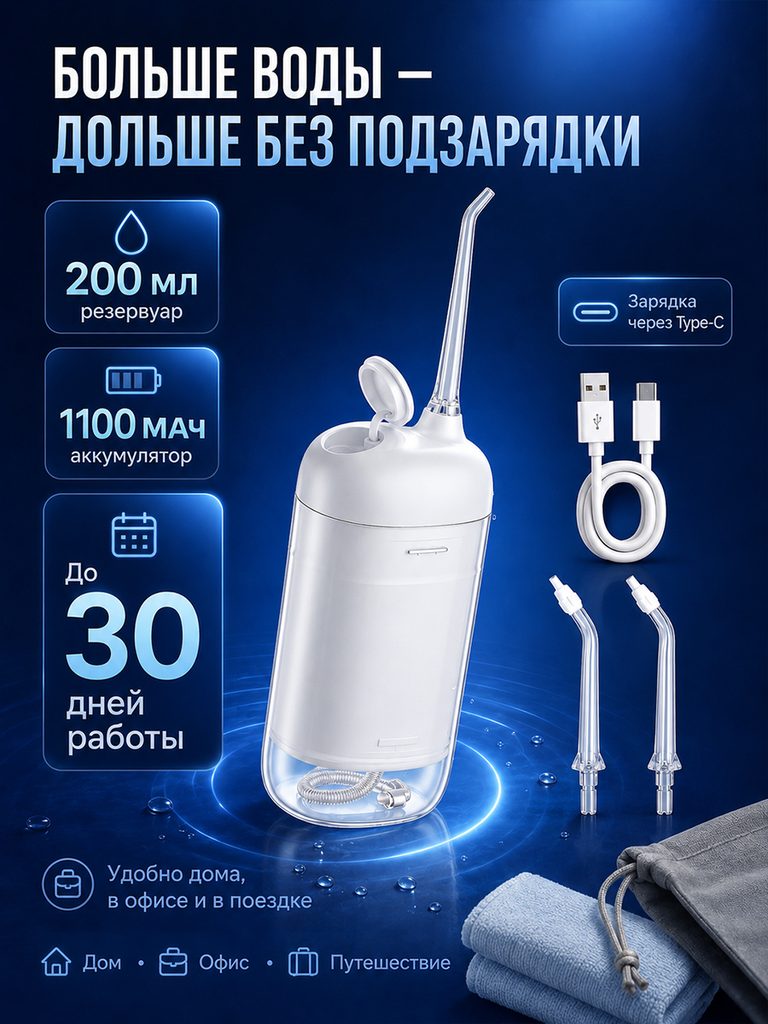 便携冲牙器俄文商品图：左侧集中200ml、1100mAh及续航标注，右侧展示Type-C线材、喷嘴与收纳袋。