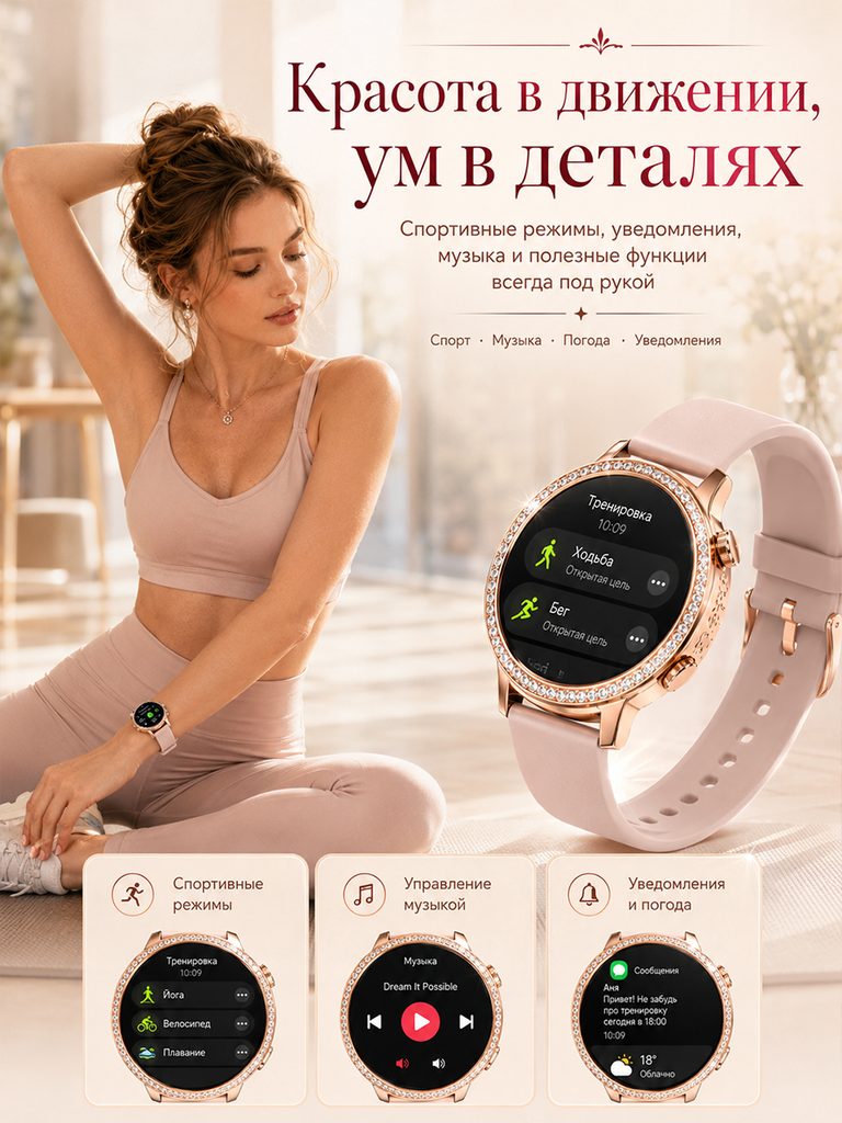 玫瑰金智能手表俄文商品图:瑜伽场景位于背景,手表显示运动菜单,底部三张界面卡分别对应运动、音乐和通知主题。