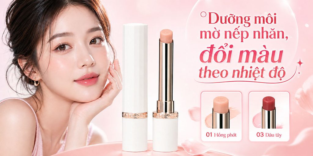 Shopee美妆产品店铺海报设计-用粉色氛围强化润唇产品的水润感