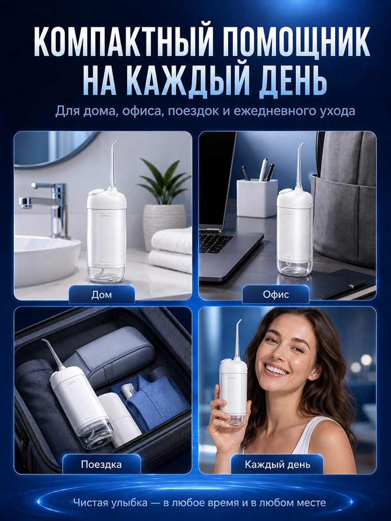 便携冲牙器俄文商品图：四宫格分别展示浴室、办公桌、行李与手持场景，标签区分使用环境，底部延续蓝色光环。