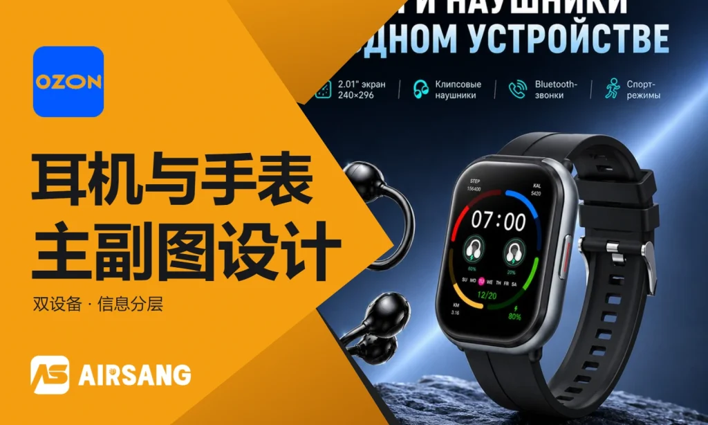 Ozon耳夹耳机与智能手表主图设计案例：双设备功能的分层说明