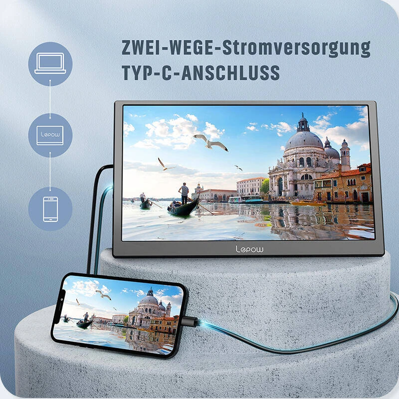 便携显示器商品图：连接关系：用线缆串起两台设备