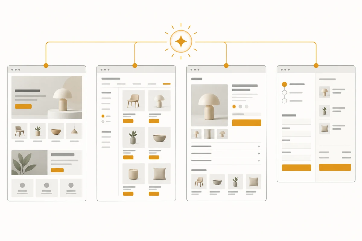 Shopify Canvas 跨页面视觉工作区与 Sidekick 修改流程的概念示意