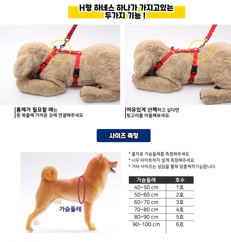经典H型宠物胸背：连接与尺码：图示和表格左右分工