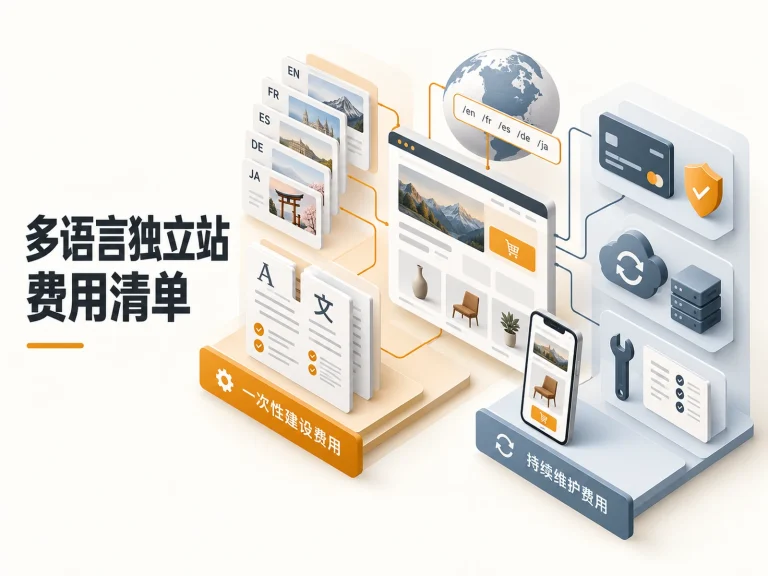 多语言独立站新增费用清单封面，展示翻译、页面、SEO和维护项目