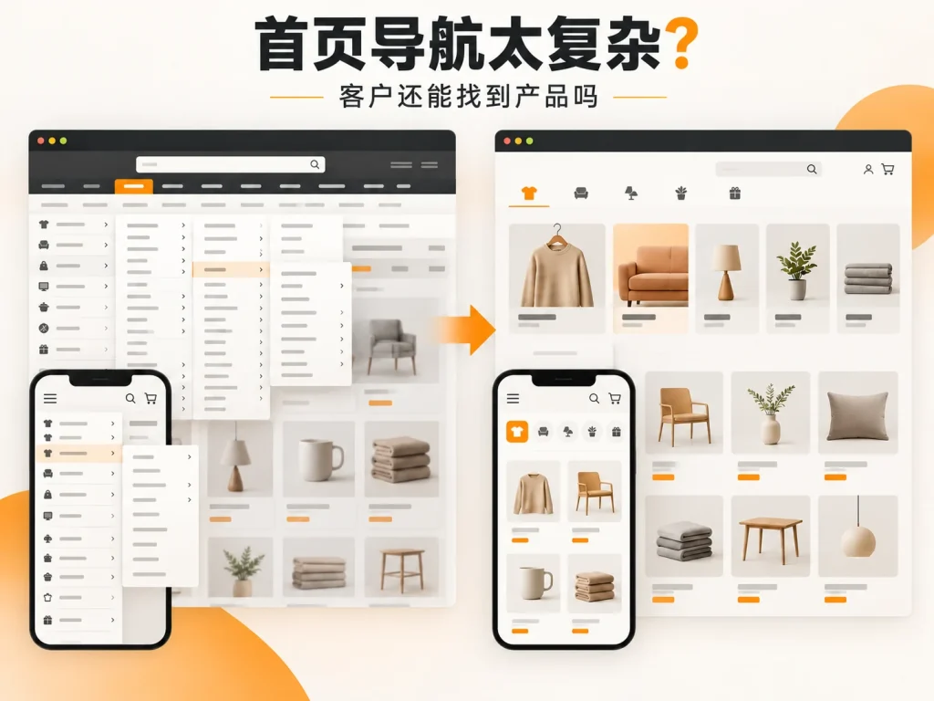 网站首页复杂导航与精简导航的产品查找路径对照教学示意