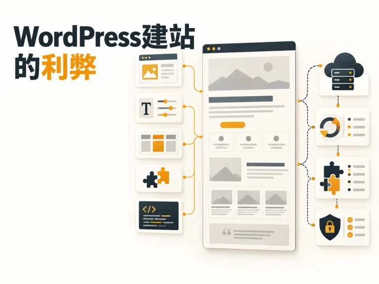 WordPress建站利弊示意：网站模块可控性与主机、更新、插件及安全维护责任并列