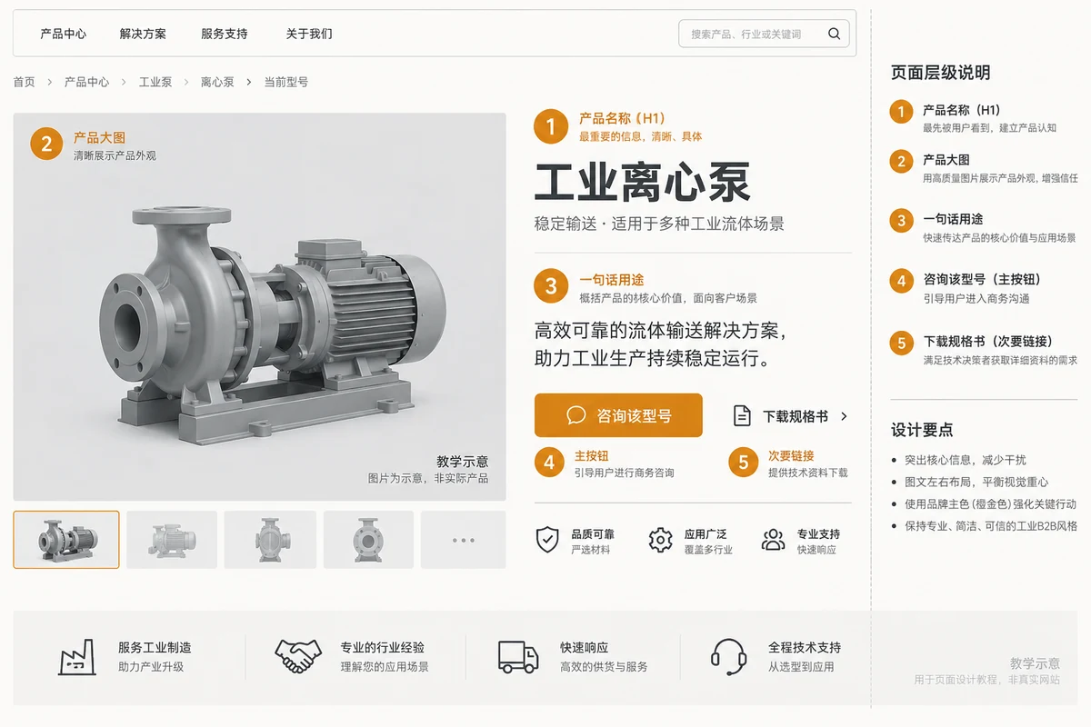 B2B产品详情页首屏线框，依次标出产品名称、主图、用途和咨询按钮