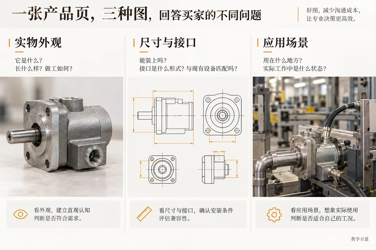 产品实物图、尺寸图和应用场景图的用途对照
