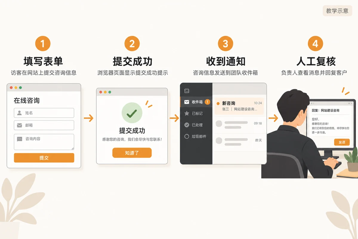 询盘表单提交及通知接收验证流程示意