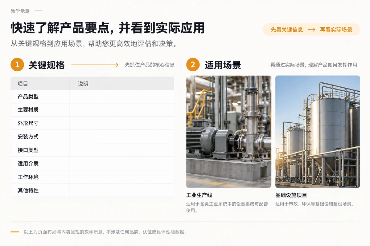 B2B产品页规格摘要和适用场景双栏排版示意