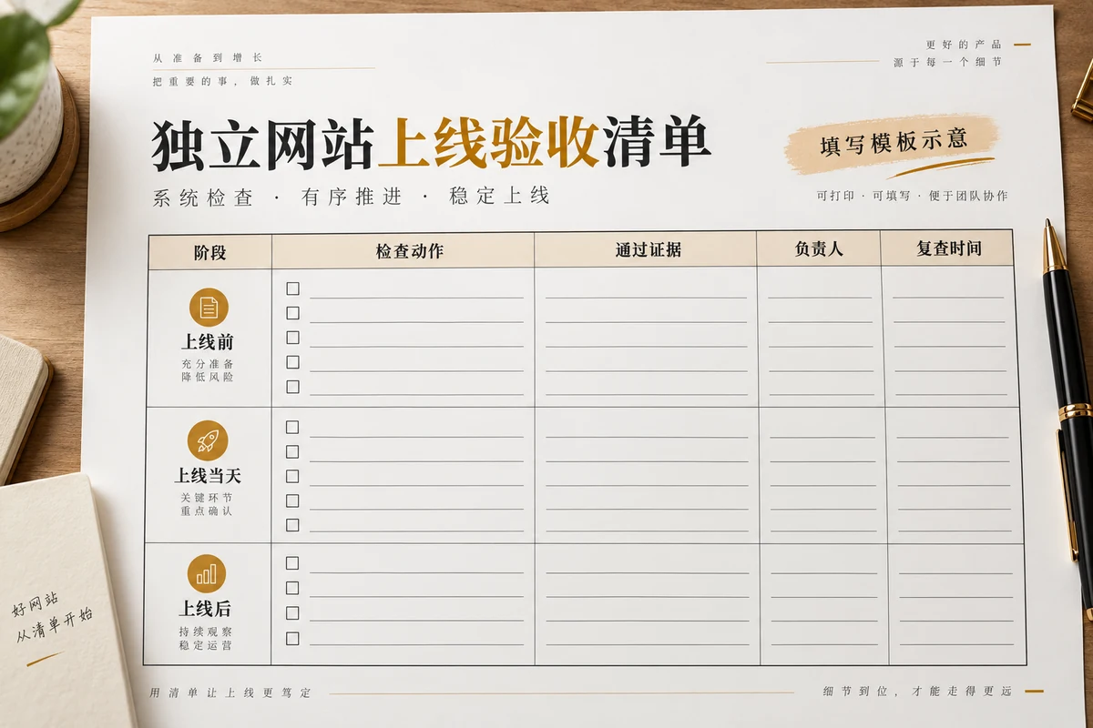 独立站上线前后分阶段验收清单示意