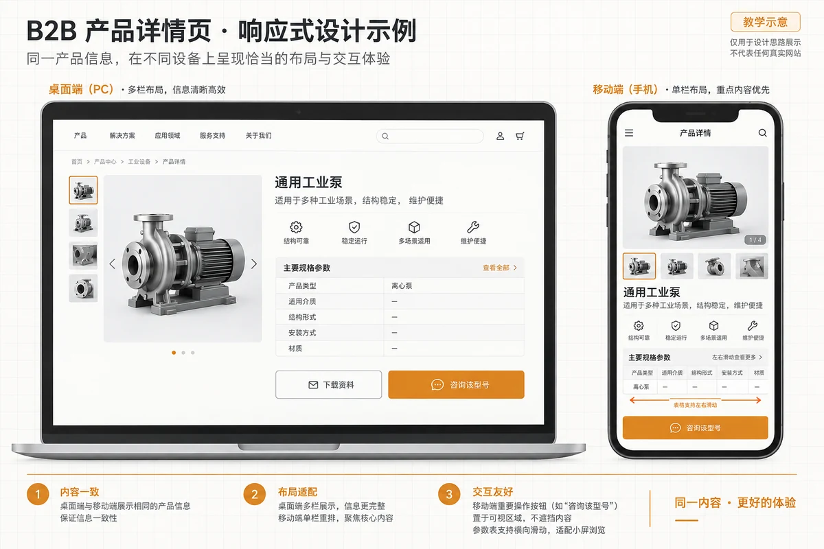 B2B产品详情页桌面和手机布局并排对照