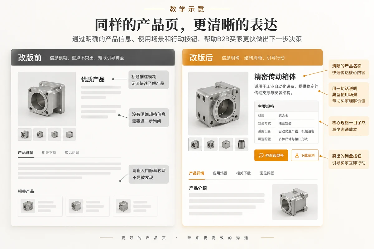 B2B产品页改版前后教学示意，比较模糊标题和清晰产品信息层级