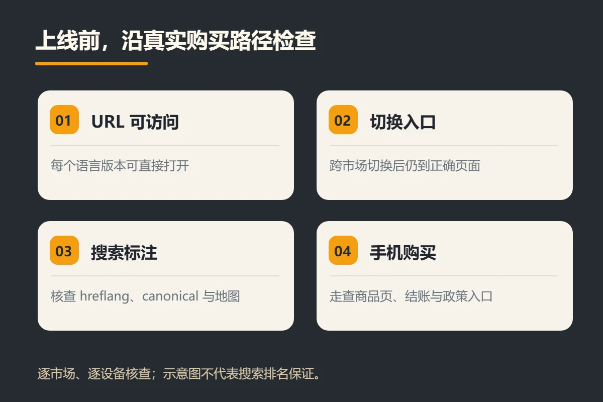 多语言独立站上线核查流程图，依次检查可访问 URL、语言切换、搜索标注与手机购买路径