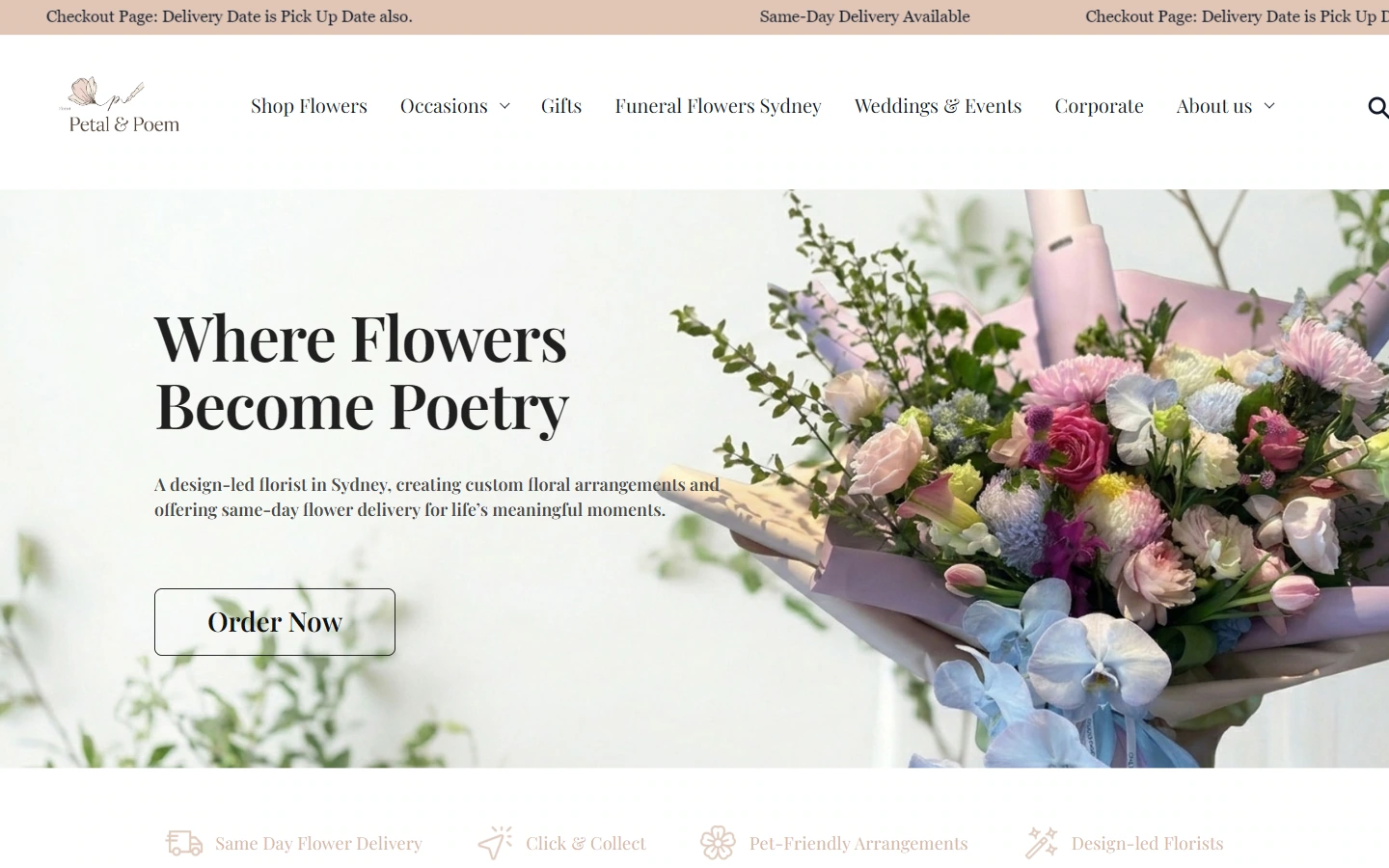 Petal & Poem 首页：花艺品牌与本地订花体验