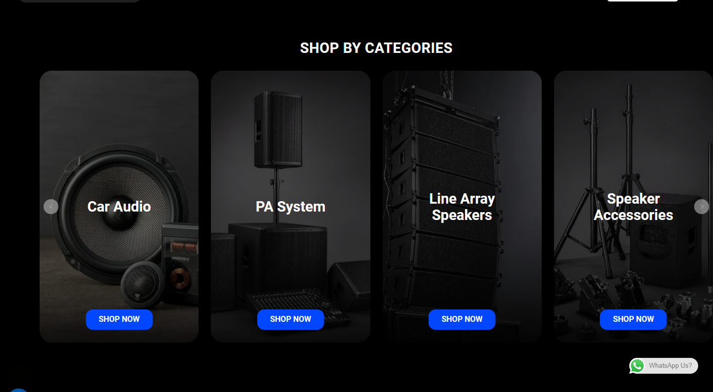 Phonix Audio首页产品分类模块，以图片卡片展示Car Audio、PA System和Line Array Speakers等入口