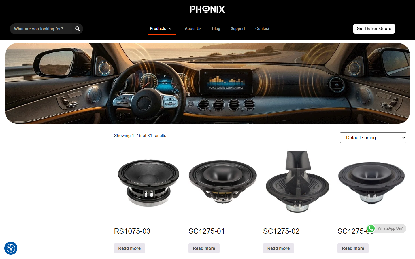 Phonix Audio产品目录页，规则网格展示扬声器图片、型号及排序入口