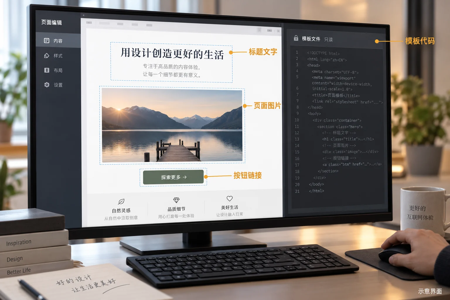 页面标题文字、图片和按钮链接的内容编辑范围示意