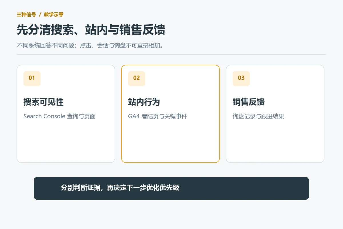 外贸网站搜索可见性、站内行为和销售反馈三种证据来源示意