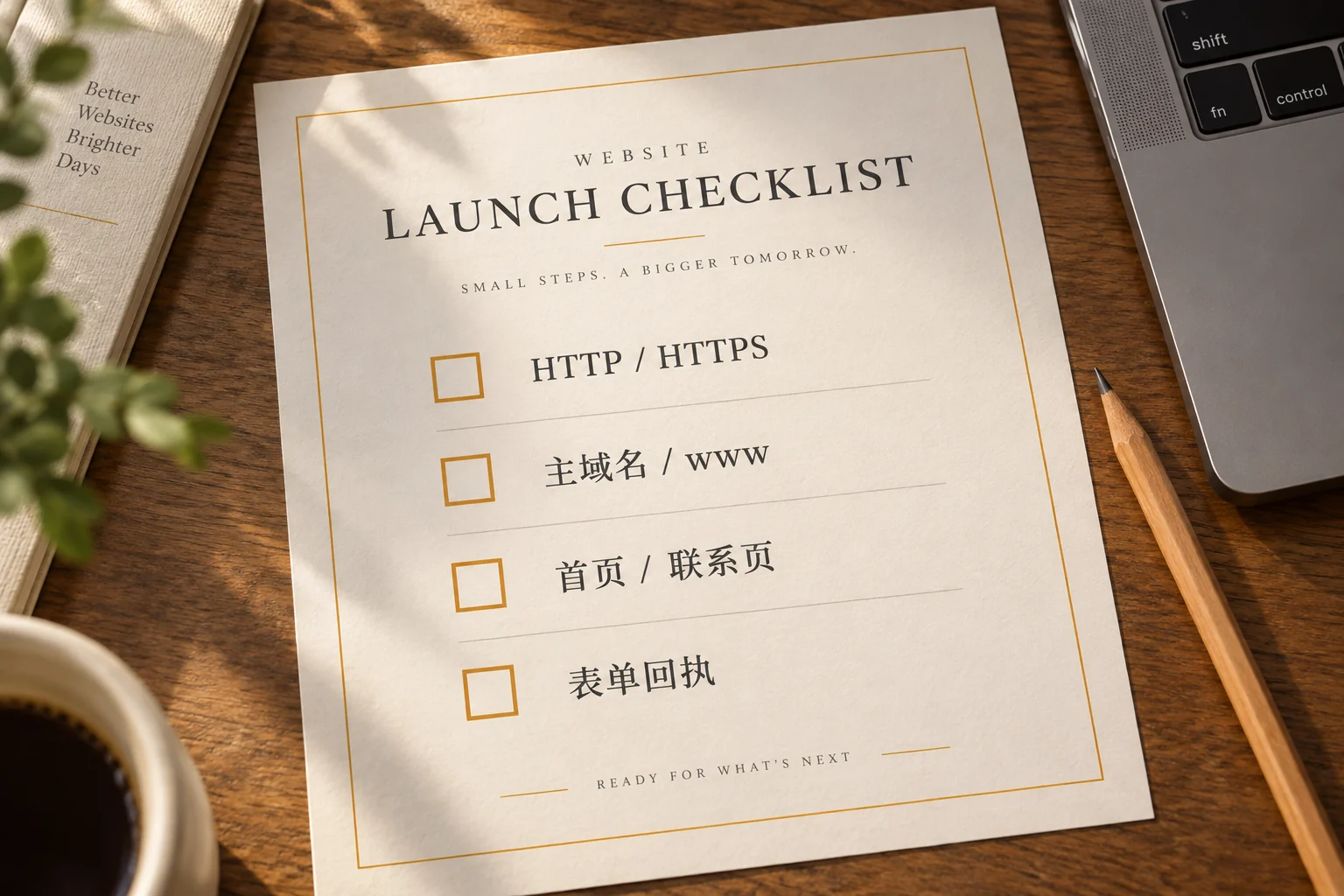 网站首次上线时检查 HTTPS、域名入口、关键页面和表单的空白清单
