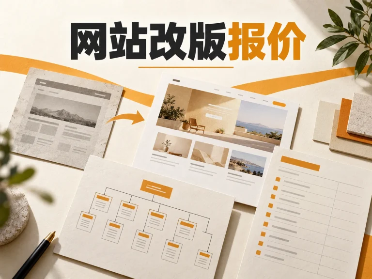 网站改版报价主题封面，展示旧站到改版方案及页面清单