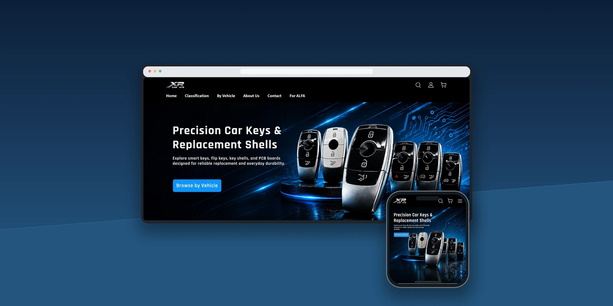 XR AUTO KEYS店匠网站桌面与手机浏览器Mockup展示